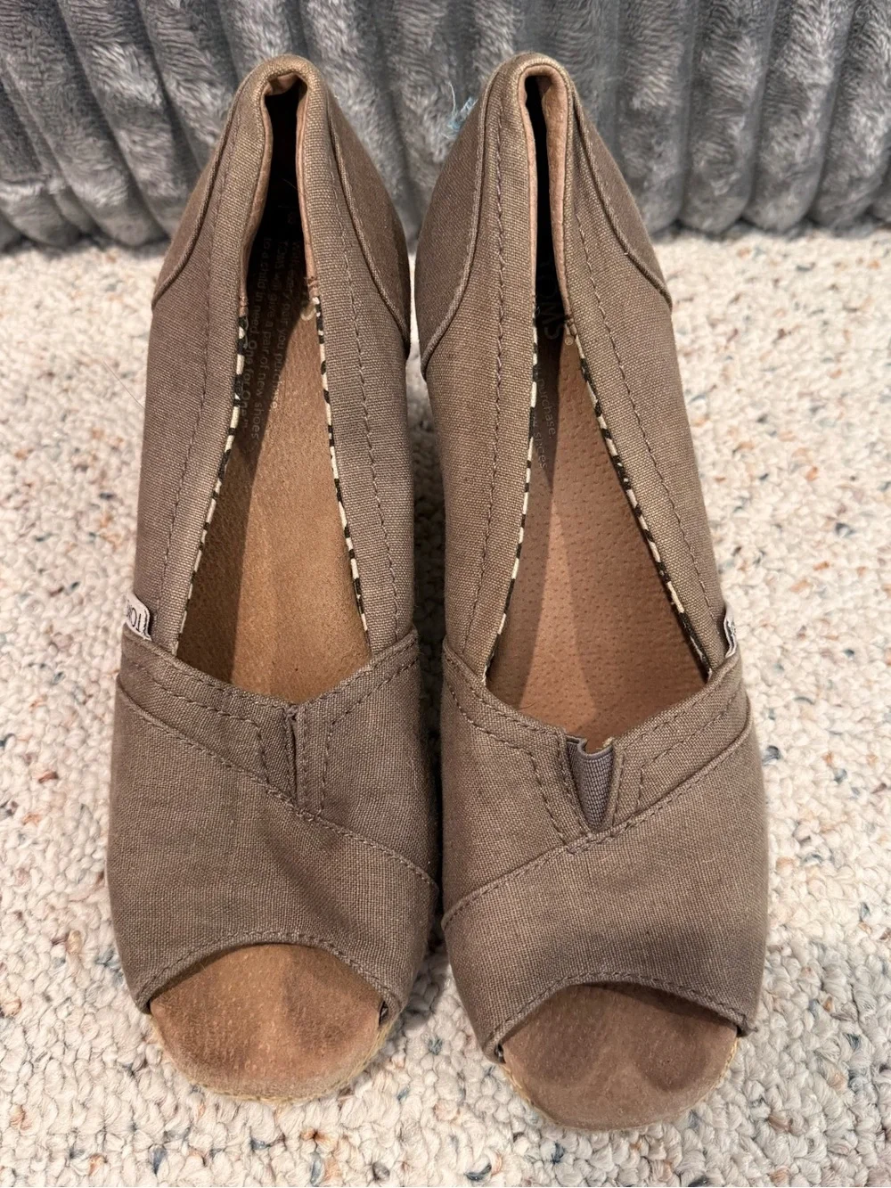 TOMS Taupe Canvas Peep-Toe Espadrille Wedges Size 8